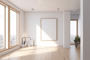Fototapeta na wymiar minimalist home interior design. empty room with white walls and wooden floors. Generative Ai