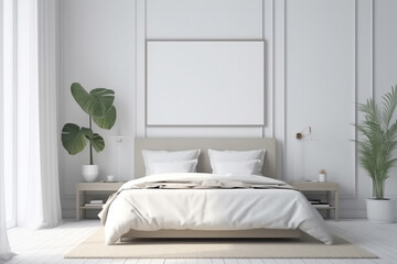 white bedroom with a large bed and a large white frame. Generative Ai