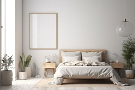 minimalist home interior design. bedroom with a white bed and plants. Generative Ai
