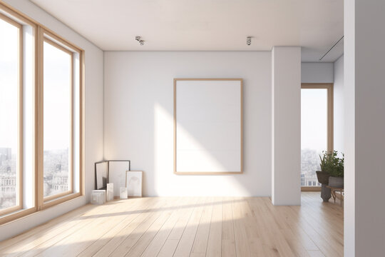 minimalist home interior design. empty room with white walls and wooden floors. Generative Ai
