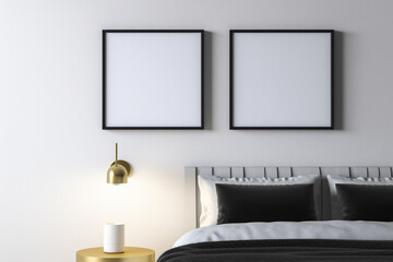 minimalist home interior design. two framed pictures on the wall in a bedroom. Generative Ai