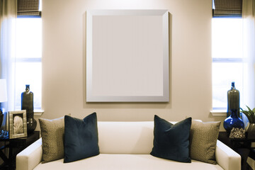 minimalist home interior design. white couch in a living room with a large picture frame. Generative Ai