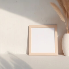 white vase with a picture frame and some dried grass. Generative Ai