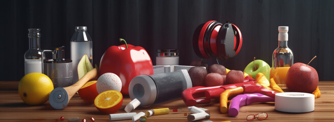 healthy lifestyle concept. bunch of different food items on a table. Generative Ai