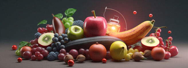 healthy lifestyle concept. bunch of fruits and vegetables are arranged on a dark surface. Generative Ai