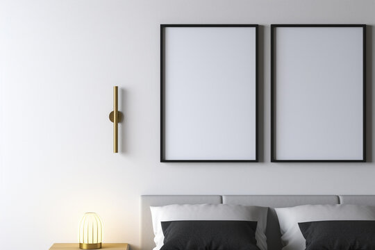close up of a bed with two framed pictures on the wall. Generative Ai