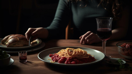 woman sits at a table in front of a plate of spaghetti and a glass of red wine. Generative Ai