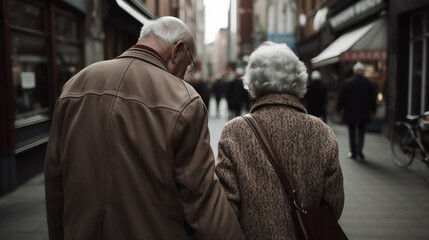 older couple walking down a city street. Generative Ai