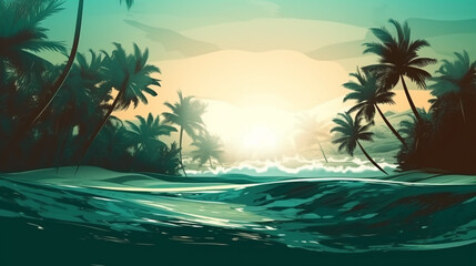 Fototapeta na wymiar tropical landscape with palm trees and waves on a sunny day. Generative Ai
