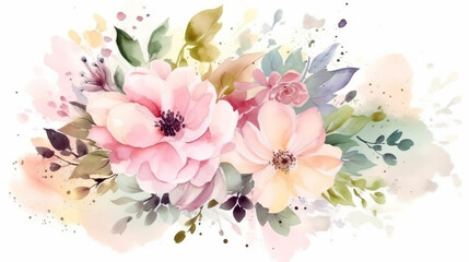 watercolor flowers on a white background square cutout. Generative Ai