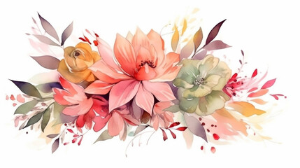 watercolor flowers on white background with leaves. Generative Ai