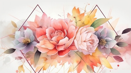 watercolor flowers and leaves with geometric pattern. Generative Ai