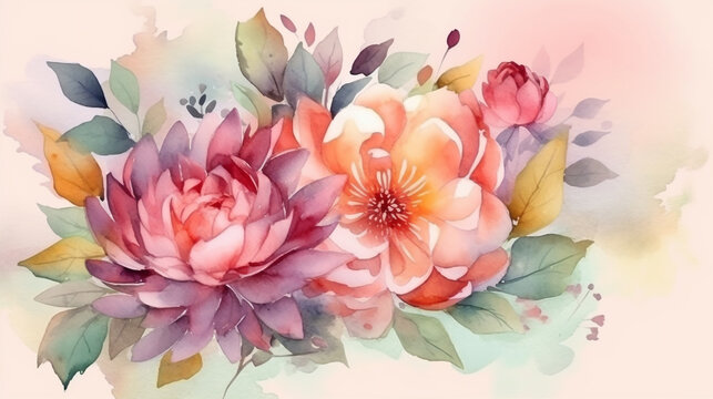 watercolor painted flowers on pink background. Generative Ai