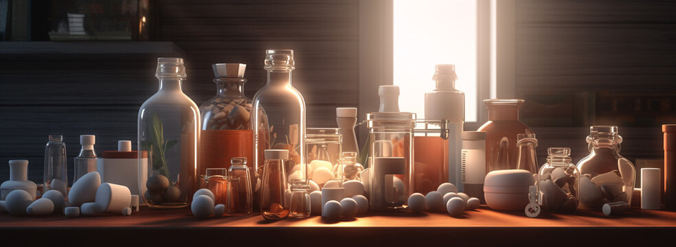 medical supplies. bunch of glass bottles sitting on top of a wooden table. Generative Ai
