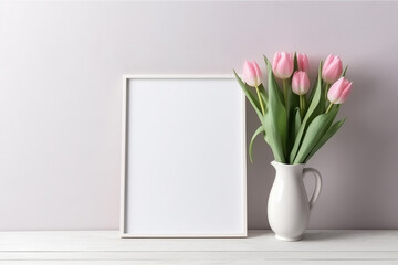 Mockup with pink tulips in a vase and white frame on a light background. generative AI