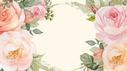 floral frame with pink roses and leaves. Generative Ai