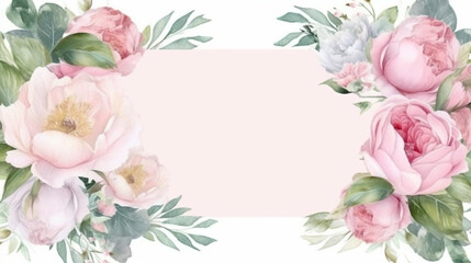 watercolor floral frame with pink peonies and green leaves. Generative Ai