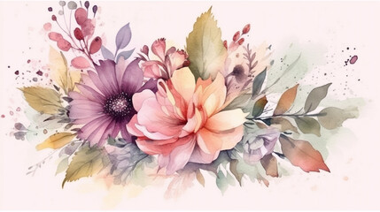  watercolor painting of flowers on a white background. Generative Ai