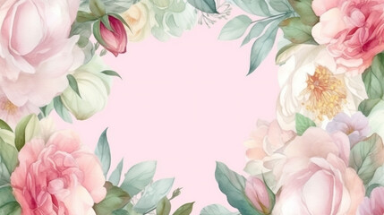  pink and green floral frame with leaves and flowers. Generative Ai