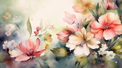watercolor painting of flowers on a green background. Generative Ai