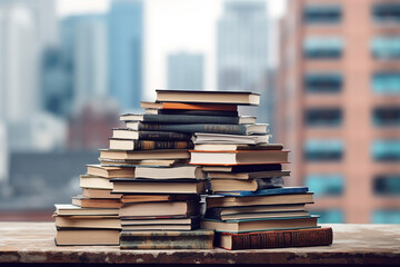 Stacks of books on table, stacked on top of each other with blurred background. Ai generative