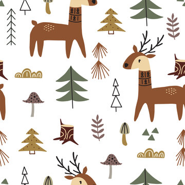 Seamless pattern with cute deer in the forest. Vector illustration isolated on white background for nursery and textile decoration