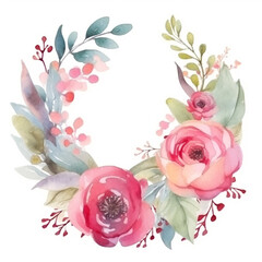 watercolor floral wreath with pink roses and green leaves. Generative Ai