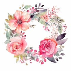 Obraz na płótnie Canvas watercolor floral wreath with pink roses and leaves. Generative Ai