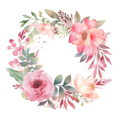 Fototapeta premium watercolor floral wreath with pink flowers and leaves. Generative Ai