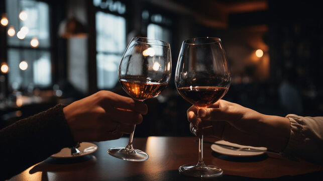 two people toasting with wine glasses in a restaurant. Generative Ai