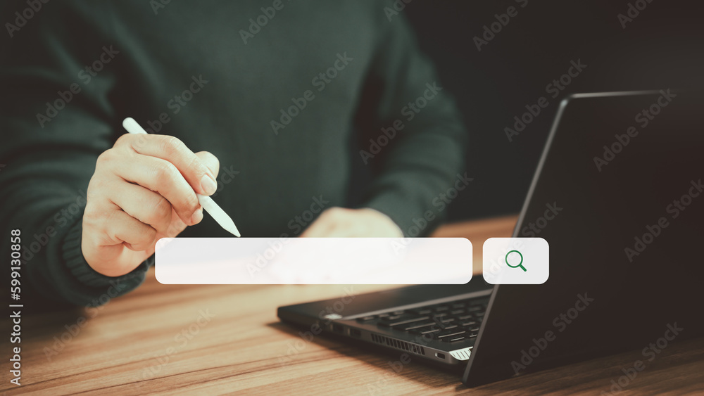 Poster Search engine optimization the internet with search bar. Male hand working with laptop computer on table. Best SEO technology networking, Searching browsing internet data information concept