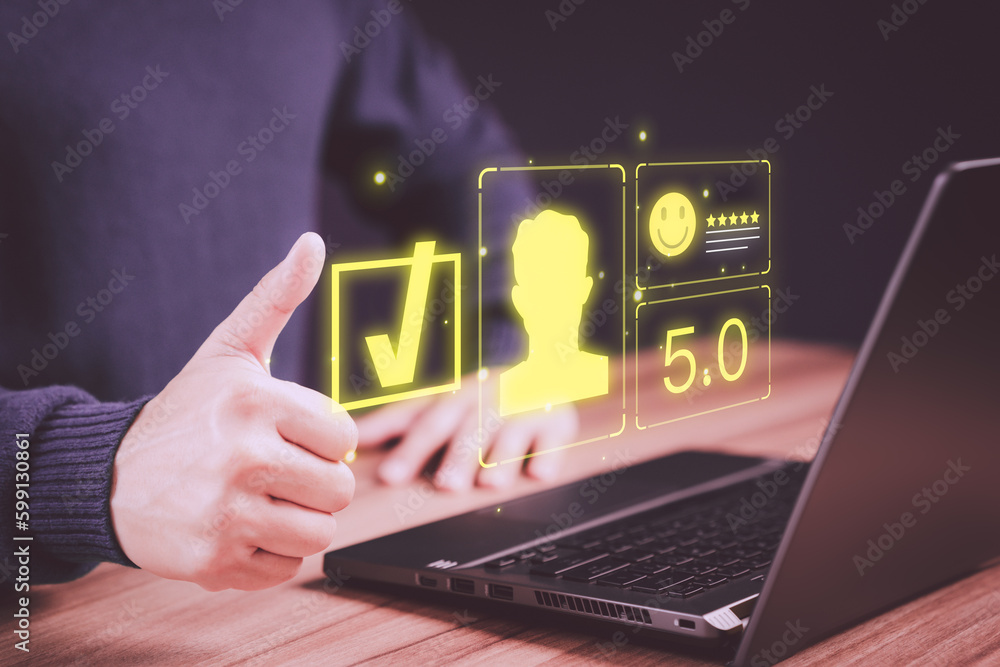 Poster Customer man are touching the virtual screen on the happy smile face icon to give satisfaction in service. Opinion rating very impressed. Assessment testimonial customer service and feedback concept.