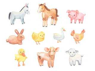 Cute baby donkey, lamb and chicken isolated on white. Watercolor farm animals set. Childish character