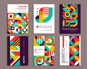 Bauhaus posters. Geometric abstract patterns. Business presentation page design vector layout with geometrical shapes collage. Corporate identity posters or banners with Bauhaus vintage patterns - obrazy, fototapety, plakaty