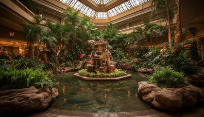 Obraz premium Tropical palm trees illuminate famous formal garden generated by AI
