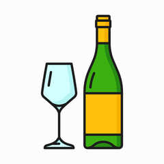 Bottle of champagne or white wine and glass color line icon. Vector aged wine dry light alcohol drink in green bottle, winery product