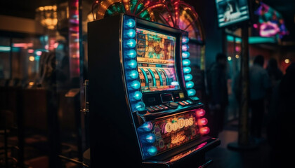 Fototapeta na wymiar Glowing machinery spinning, men playing, jackpot won generated by AI