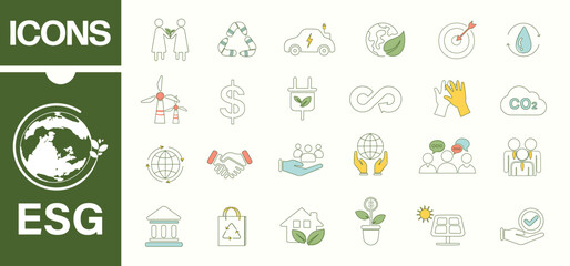 ESG banner icon set for business and organization, Environment, Social, Governance and sustainability development concept. Flat design with outline vector illustration.