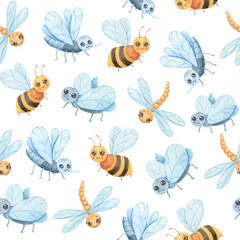 Seamless watercolor pattern with cartoon insects. Cute bee, fly and mosquito.