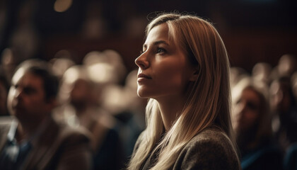 Young women in casual clothing watching seminar performance generated by AI