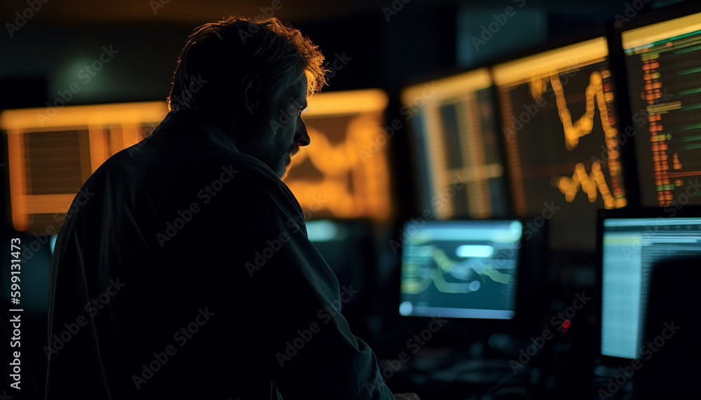 Poster dark businessman working on computer monitor indoors generated by ai