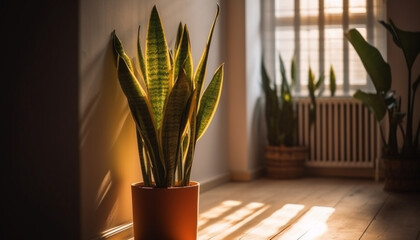 Green potted plant on window sill indoors generated by AI