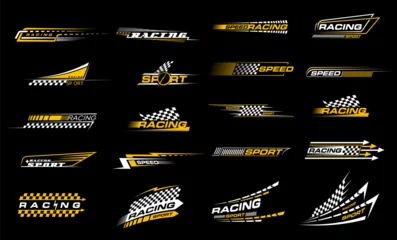 Abwaschbare Fototapete F1 Race sport car stripe stickers, checker decals. Motocross competition retro emblems, motorsport championship or rally racing tournament vintage vector symbols or decals set with victory checkered flag