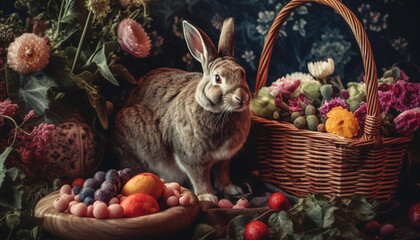 Fototapeta na wymiar Cute rabbit on wicker basket, surrounded by nature generated by AI