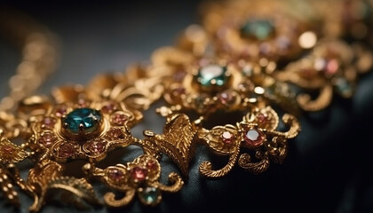 Fototapeta premium Shiny gold jewelry, gemstones sparkle with elegance generated by AI
