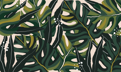 Fototapeta na wymiar Modern exotic jungle plants seamless floral backgrounds. Tropical palm, monstera leaves,