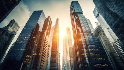 Fototapeta na wymiar Tall skyscrapers reflect modern city life at dusk generated by AI