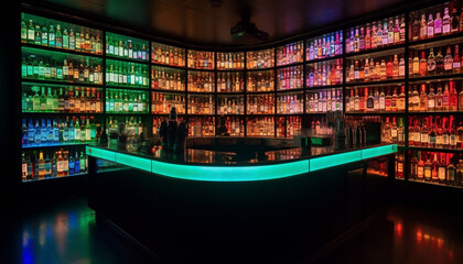 Modern nightclub bar counter illuminated with alcohol bottles generated by AI