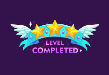 Obraz premium Game level complete. Arcade achievement rating, videogame level up prize or reward vector symbol, casino success sign. Gaming task complete, winner rank icon with three golden stars on blue ribbon