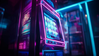 Fototapeta na wymiar Glowing casino machinery illuminates the night luck generated by AI